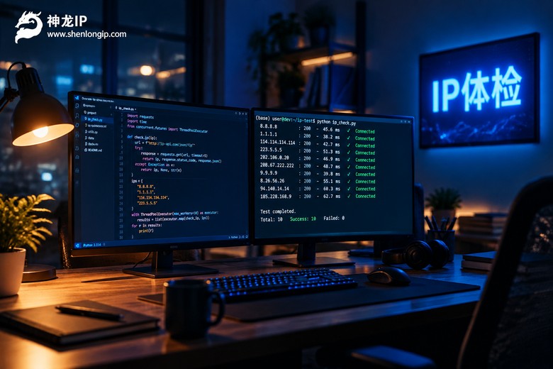 程序员深夜在电脑前批量检测代理IP可用性的工作场景