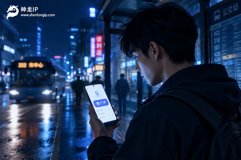 夜晚街头用安卓手机换个IP的实拍场景