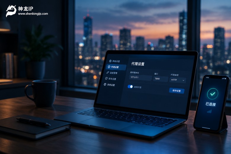 电脑与手机屏幕上的代理设置界面实景图