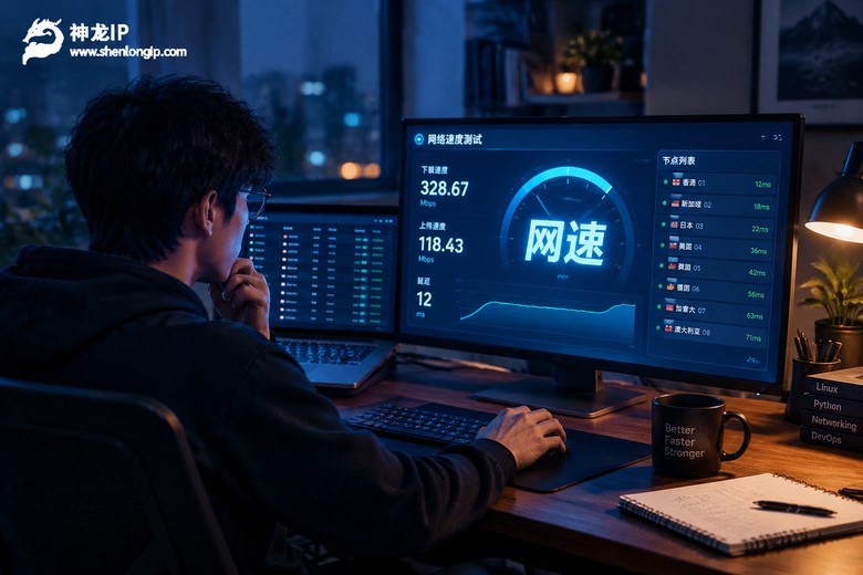 深夜书房里开发者电脑屏幕显示网速测速界面