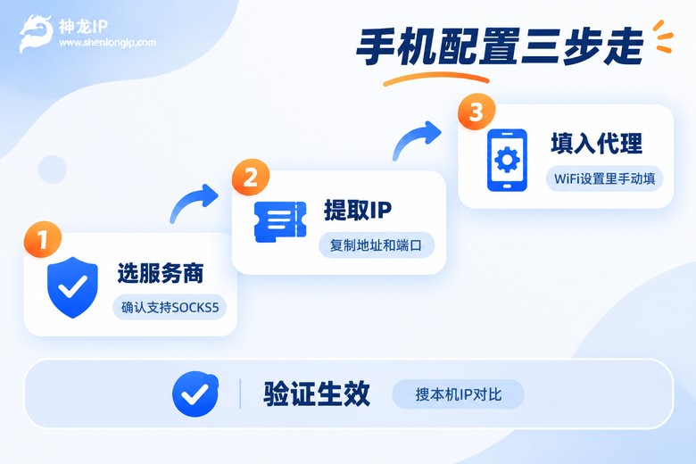 手机配置IP代理三步走示意图:选服务商、提取IP、填入代理并验证