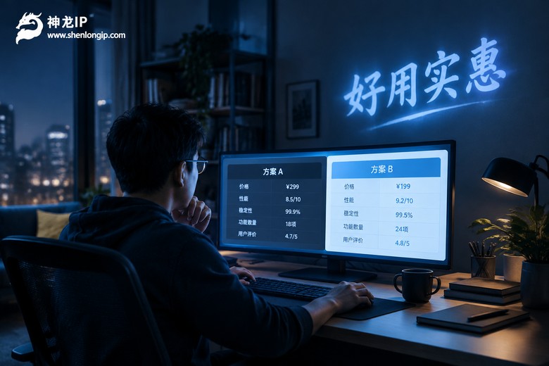 深夜办公室墙上投影好用实惠字样的代理IP选型场景