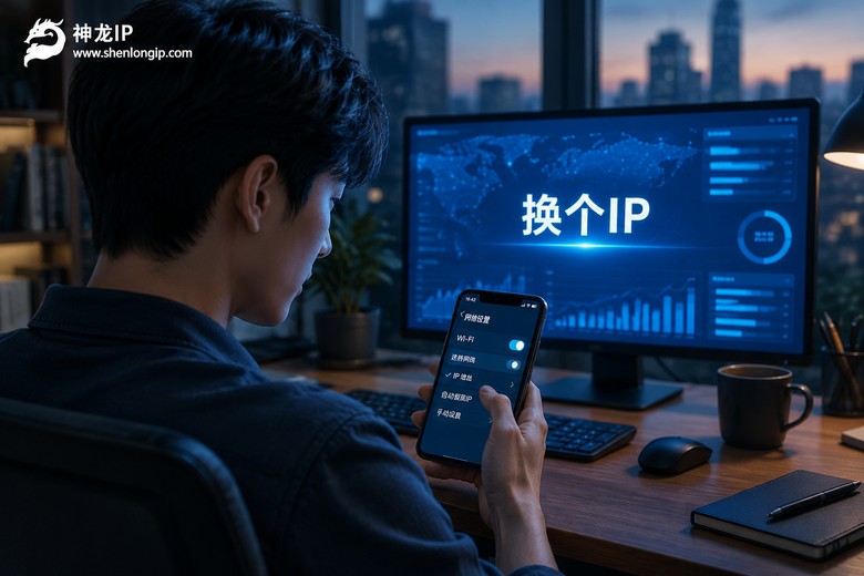 夜晚办公桌上用手机修改代理设置的场景图