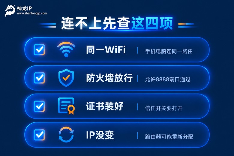 抓包连不上排查清单:同一WiFi、防火墙、证书、IP