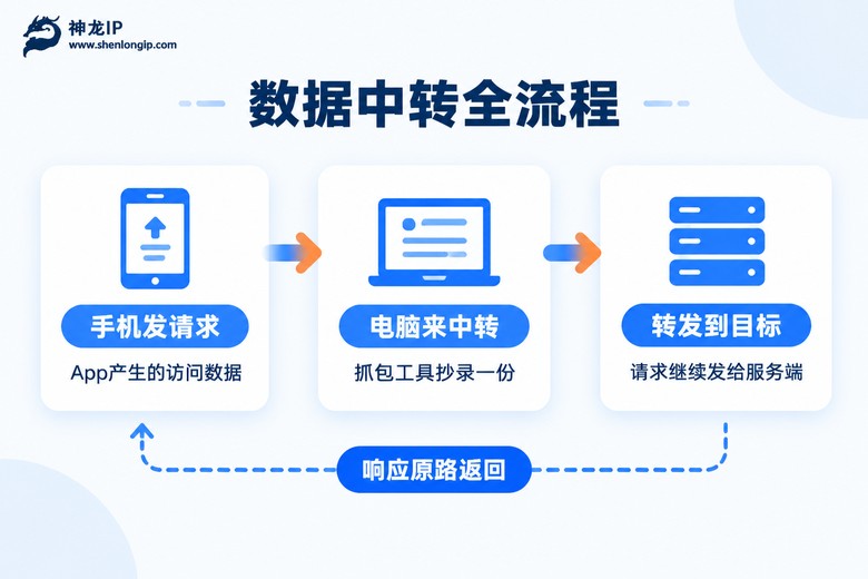数据中转全流程信息图:手机请求经电脑中转转发到服务端