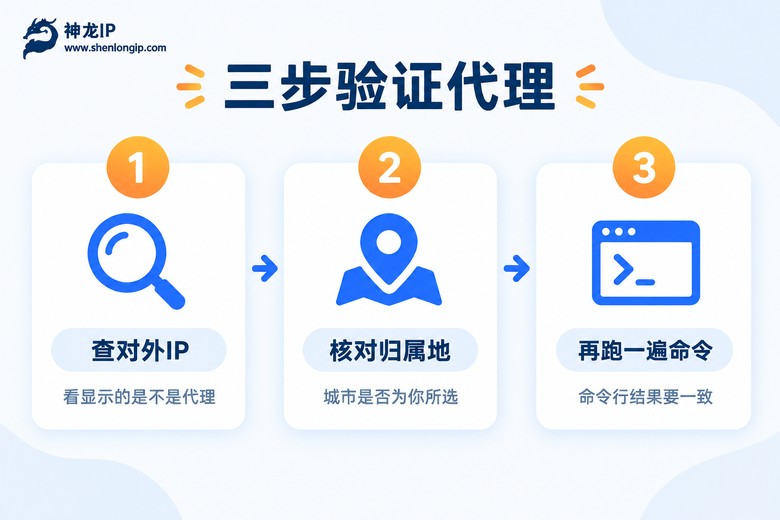 三步验证代理是否生效的操作指引信息图