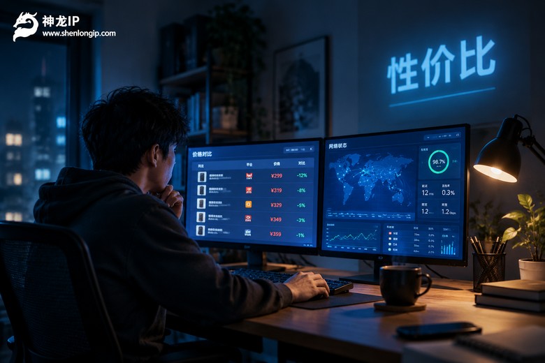 深夜办公桌前对比代理IP价格的性价比工作场景