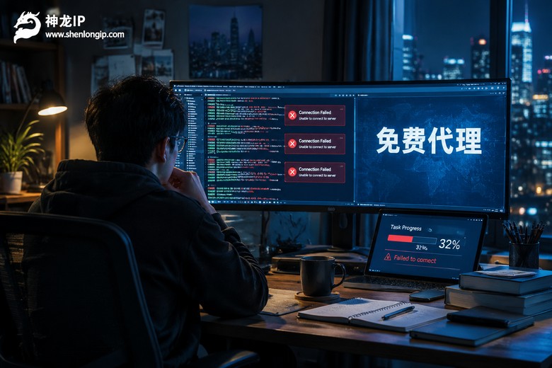 深夜电脑屏幕上显示免费代理字样的工作场景