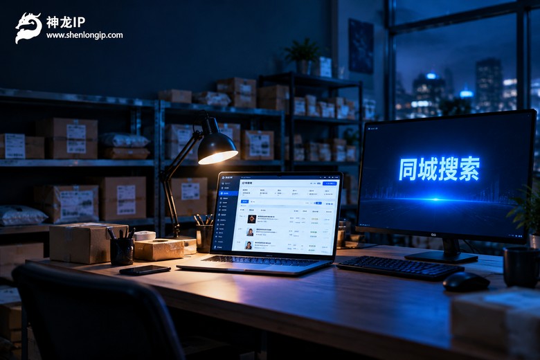 深夜网店工作室电脑屏幕显示同城搜索