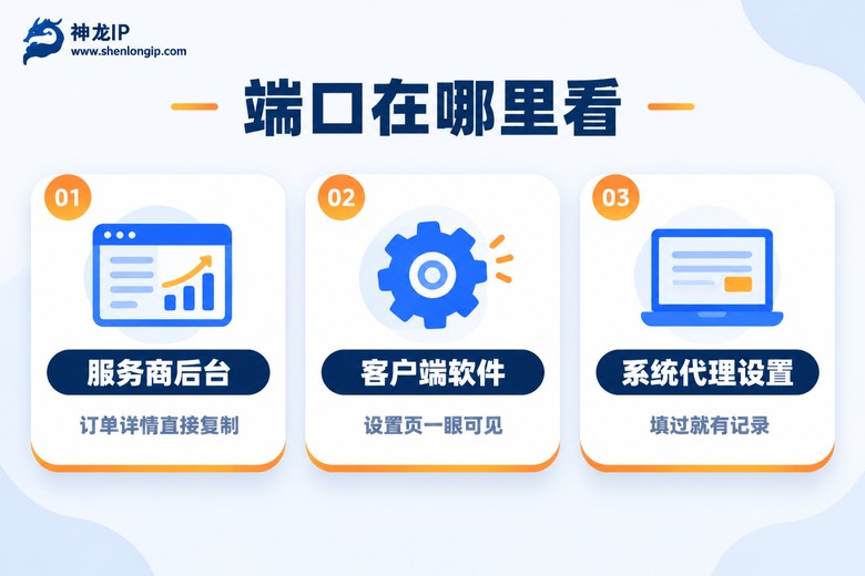 三个查看代理IP端口的位置示意图