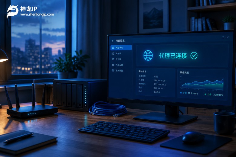 屏幕显示代理已连接的深夜工作台场景