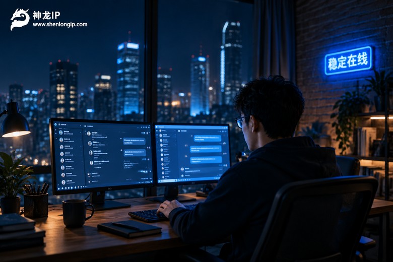 深夜办公桌前双屏聊天软件稳定在线场景