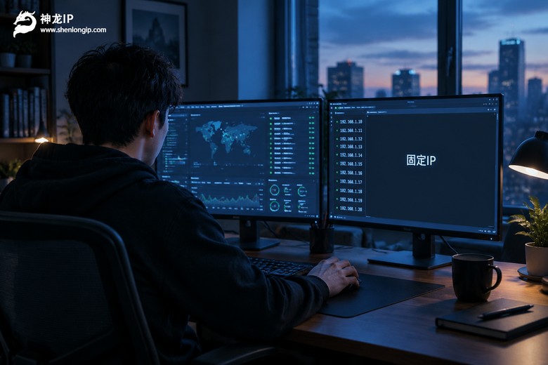 深夜办公桌上电脑屏幕显示固定IP接入界面的场景