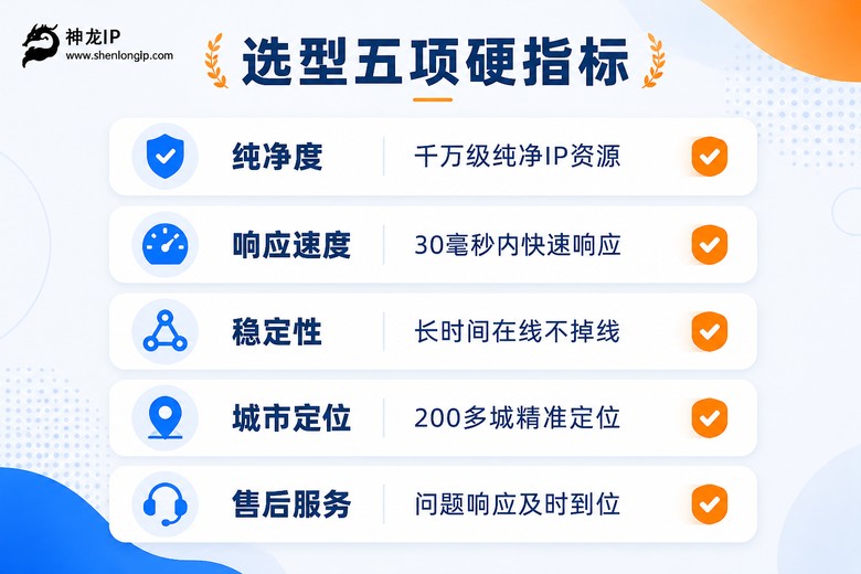 代理IP软件选型五项硬指标清单信息图
