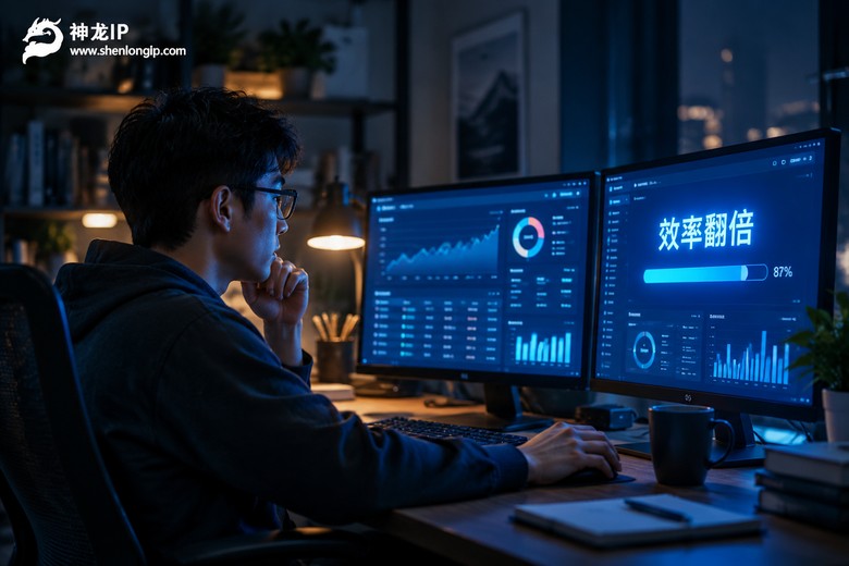 深夜电脑屏幕上显示效率翻倍的代理IP工作场景