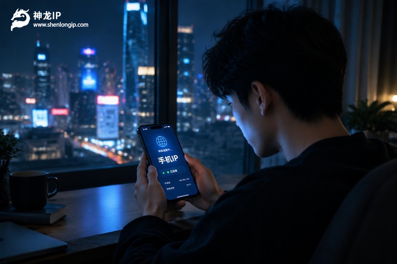 男子深夜用手机查看IP代理连接状态