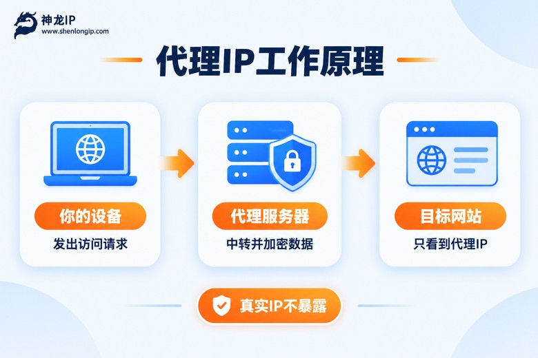 代理IP工作原理信息图:设备经代理服务器中转访问目标网站