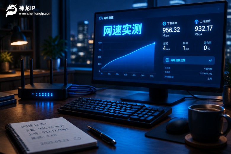 代理IP网速实测场景:电脑屏幕显示网速测试数据