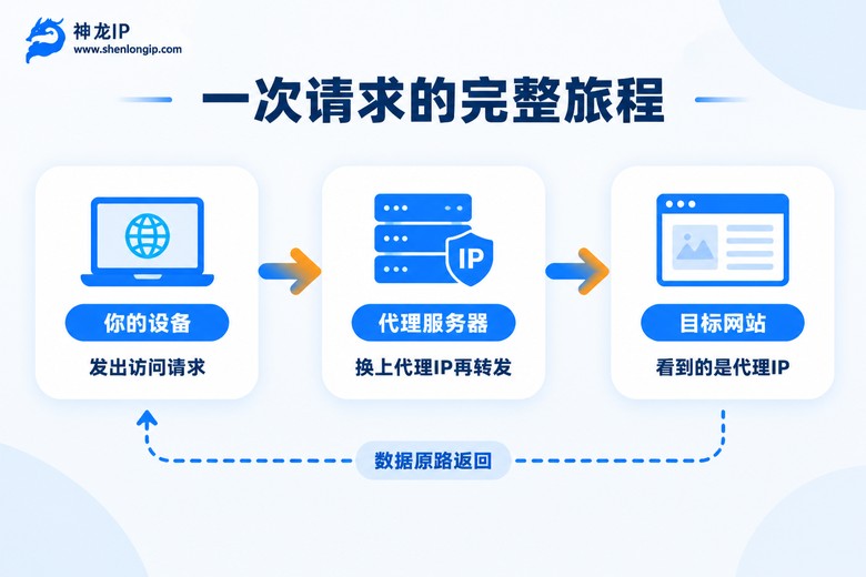 代理IP请求转发流程示意图:设备、代理服务器与目标网站