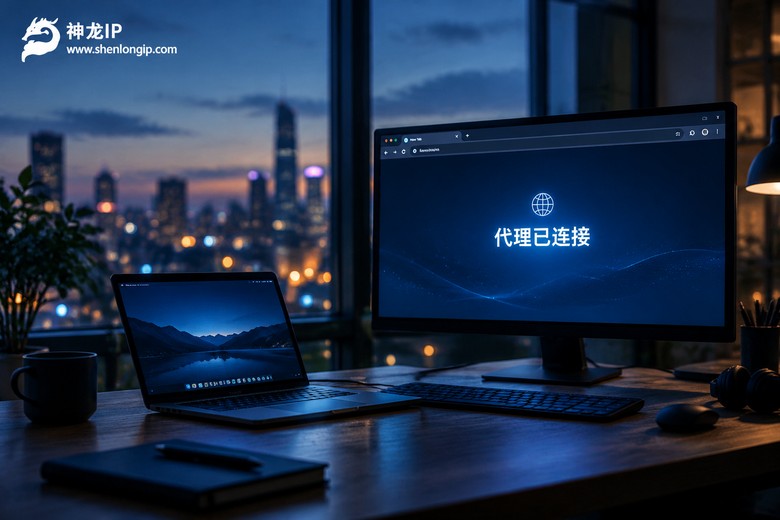 夜晚工作台上显示器显示代理已连接的画面
