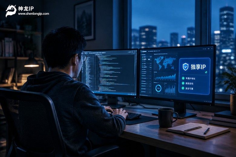 深夜办公室中使用动态独享代理IP的工作场景