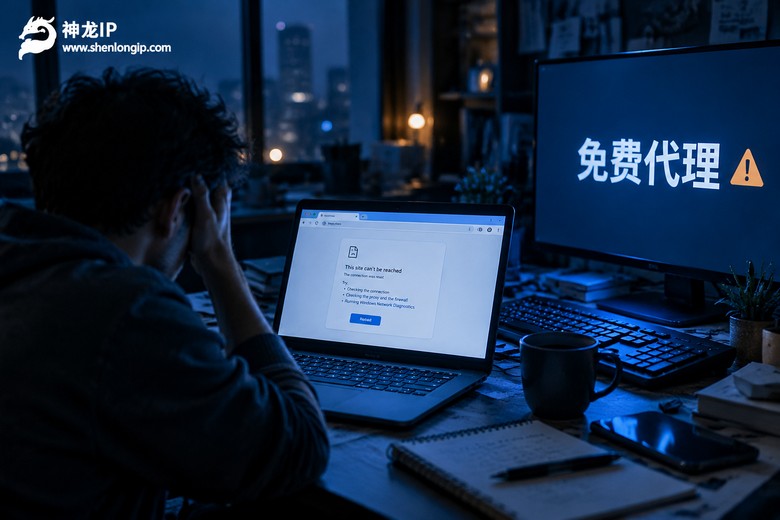 深夜电脑屏幕上显示免费代理连接异常的画面