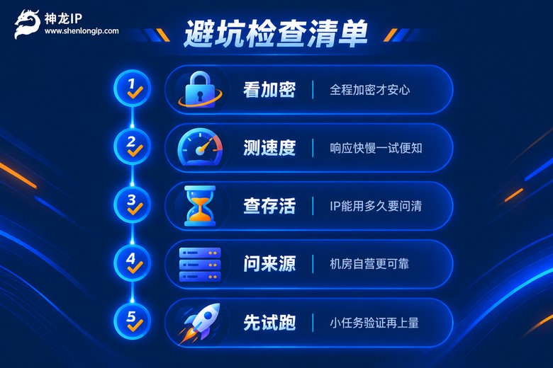 代理IP避坑检查清单:看加密、测速度、查存活、问来源、先试跑