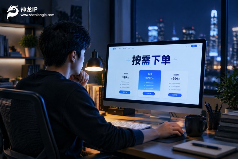 深夜办公桌前对比动态代理IP套餐页面