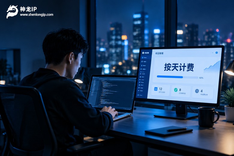 深夜办公室电脑屏幕上显示按天计费的代理IP项目看板
