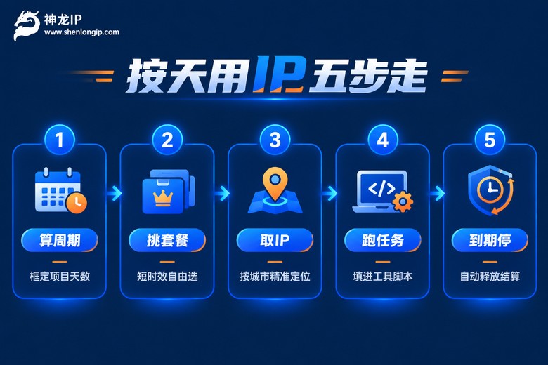 按天使用代理IP的五步操作流程信息图