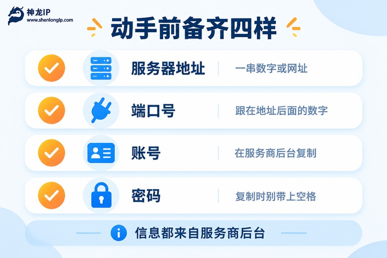 手机代理设置前需准备的四项信息图