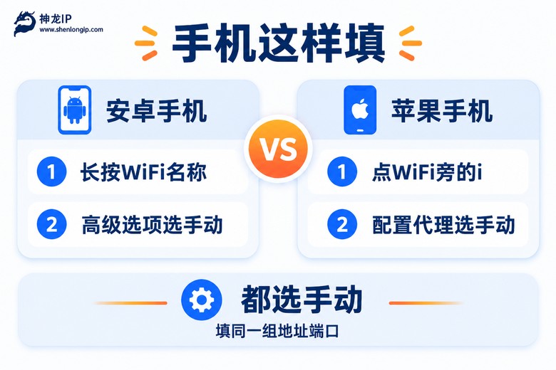 安卓与苹果手机WiFi代理设置步骤对比信息图