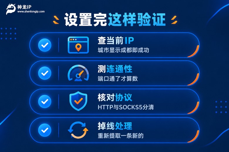 成都代理IP设置完成后的验证清单