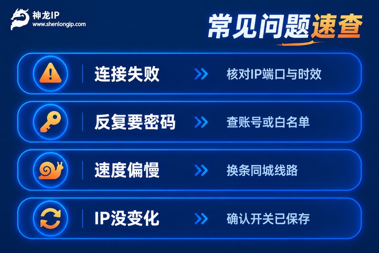 代理IP常见问题速查图:连接失败、要密码、速度慢、IP没变化