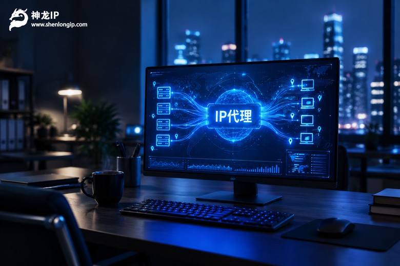 夜晚办公室电脑屏幕上显示IP代理数据流向