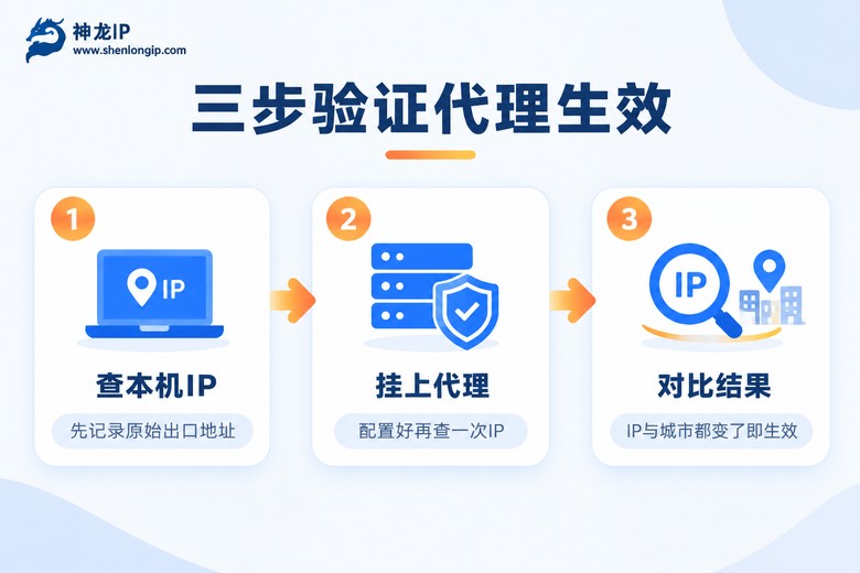 三步验证代理IP是否生效的流程示意图