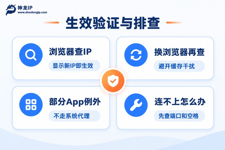 安卓代理IP生效验证与故障排查要点